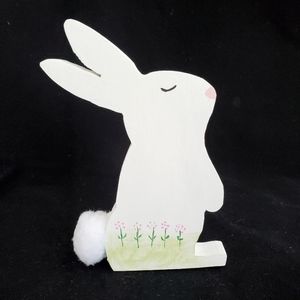 Bunny White with Flowers, Stop and Smell the Flowers Bunny Handmade Wooden
